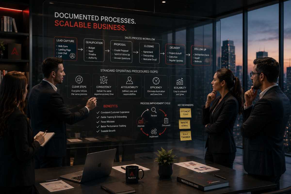 Business leaders reviewing workflow diagrams and SOP documents