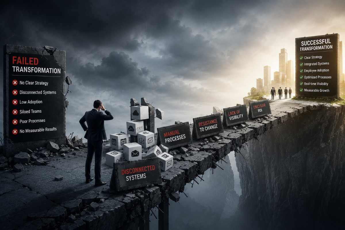 Leadership team reviewing failed digital transformation dashboards and disconnected software systems